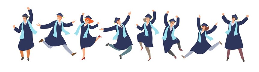 Happy jamping graduated students in graduation gowns in cartoon style . Successful graduation ceremony, education concept.