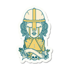 crying human fighter with natural one D20 dice roll sticker