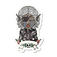 crying elf rogue character with natural one D20 roll illustration