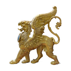 Golden decorative element in the form of an ancient mythological monster griffin isolated on white background