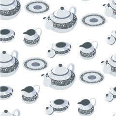Classic tableware set, saucer with plate and teapot seamless pattern