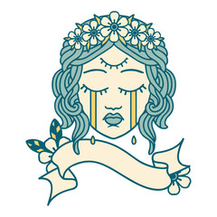 tattoo with banner of female face crying with third eye