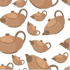 Clay teapot for tea serving, tableware seamless pattern