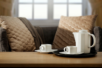 Table background of free space and home interior with window 