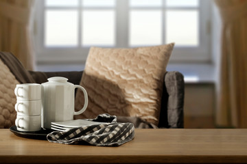 Table background of free space and home interior with window 