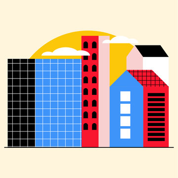 Set de vectores de casas en ciudad con &aacute;rboles planos y coloridos edificios