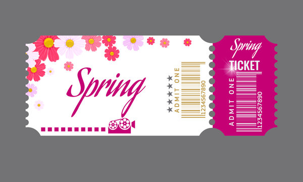 Cinema ticket with spring flowers template. Flat and solid color vector illustration.
