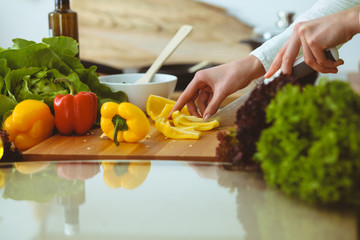 Unknown human hands cooking in kitchen. Woman slicing yellow bell pepper. Healthy meal, and vegetarian food concept