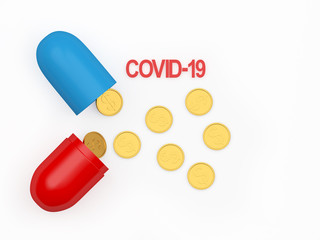 Bright open medical capsule with Covid-19 icon and scattered coins with a dollar sign isolated on a white background. 3D illustration