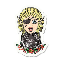 elf rogue character with natural twenty dice roll grunge sticker