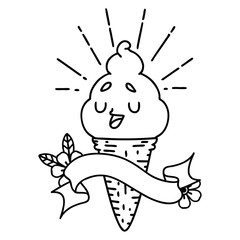 banner with black line work tattoo style ice cream character