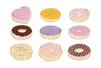 Donuts set on a white background. Donuts hand drawn vector for ads, menu and textile
