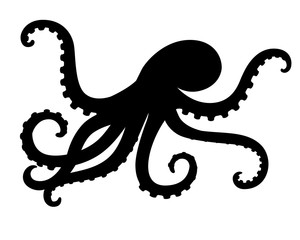 Octopus - sea animal vector silhouette for icon or sign on a sea or ocean theme. Black silhouette of an octopus for a logo or pictogram on the theme of marine life.