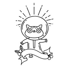 banner with black line work tattoo style cat in astronaut suit