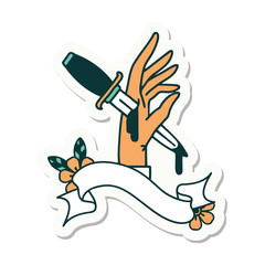 tattoo sticker with banner of a dagger in the hand