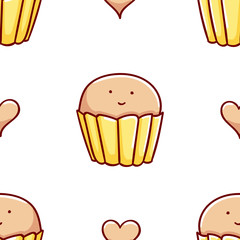 Seamless pattern, cute kawaii hand drawn cupcake doodles, print