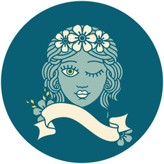 icon with banner of a maiden with crown of flowers winking