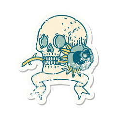 grunge sticker with banner of a skull and rose