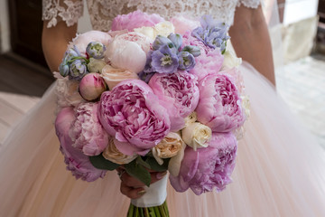 Close up of pink and lilac wedding bouquet. Wedding decoration. Bride's wedding bouquet