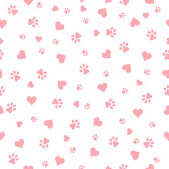 Seamless pattern vector with hearts and dog footprint. 