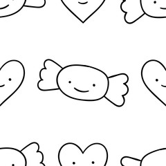 Seamless pattern, black and white cute hand drawn candy doodle, coloring pages, print