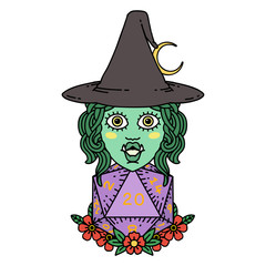 half orc witch with natural twenty dice roll illustration
