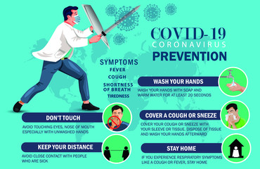 Doctor fighting with coronavirus pandemic or coronavirus disease 2019 COVID-19. Informing people about self protective measures, treatment and prevention.
