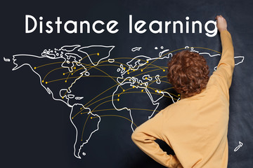 Distance learning concept. School boy and word map on blackboard background