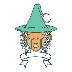 crying elf mage character face wiht banner illustration