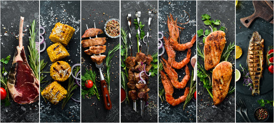 Photo collage. Barbecue menu on black stone background. Kebab, steak, vegetables and seafood.