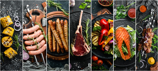 Photo collage. Barbecue menu on black stone background. Kebab, steak, vegetables and seafood.