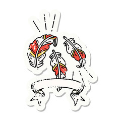 grunge sticker of tattoo style feathers floating