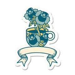 tattoo sticker with banner of a cup and flowers