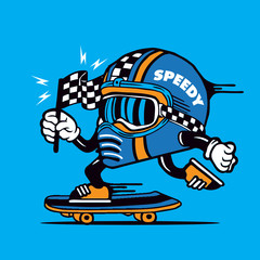 Skater Racing Helmet Checker Board Flag Skateboarding Character Design