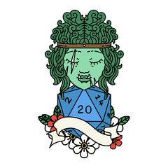 half orc barbarian character with natural twenty dice roll illustration