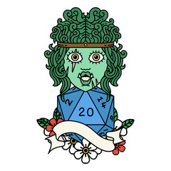 half orc barbarian character with natural twenty dice roll illustration