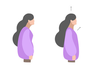 Vector isolated colorful illustration. Neck exercises by girl for relax. Work with back. Uncorrect and correct straight posture. Creative concept. Violet colors. White background