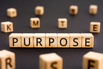 Purpose - word from wooden blocks with letters, target objective goal purpose concept, random...