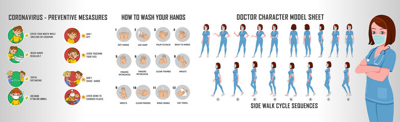 Doctor charater model sheet and walk cycle animation sequence for infographics New coorna virus Symptoms of preventive measures