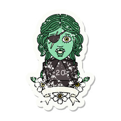 half orc rogue character with natural twenty dice roll grunge sticker