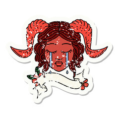 crying tiefling character face with scroll banner grunge sticker