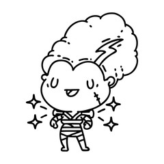 traditional black line work tattoo style undead zombie bride character