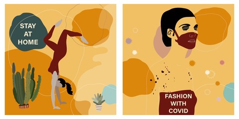 Fototapeta premium A beautiful girl stands in her arms at home in the houseplant house. Square vector illustrations in beige, cream and pink colors. The inscription 