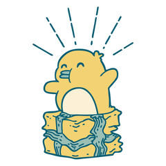 traditional tattoo style penguin sitting on present