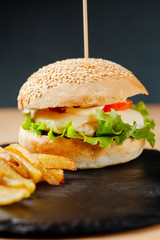 Chiken burger with tomatos and fries. Junk food. Fastfood. Bodypositive. Food on quarantine from delivery. Photo for menu.
