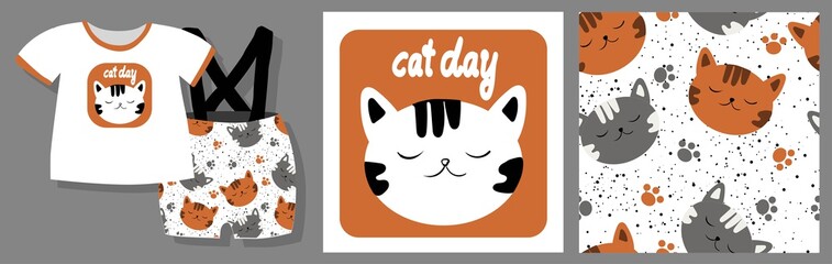 Funny print for baby clothes. Cute pattern with cats. T-shirt design. Vector illustration.Ready design kit..
