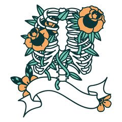 Obraz premium tattoo with banner of a rib cage and flowers