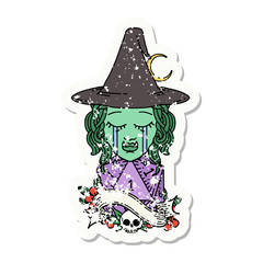 crying half orc witch character face with natural one d20 dice roll grunge sticker