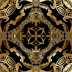 Greek ornamental gold vector seamless pattern. Baroque style ornate background. Greek key meanders ornaments. Vintage flowers, leaves, shapes, chains. Patterned repeat backdrop. Luxury royal design