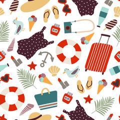 Seamless vector pattern with beach accessories. Summer background.